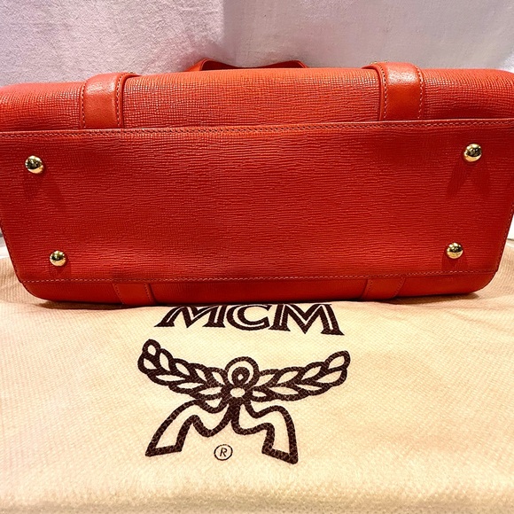 MCM Tangerine Pebbled Leather Satchel With Striking Gold Accents - Picture 6 of 12